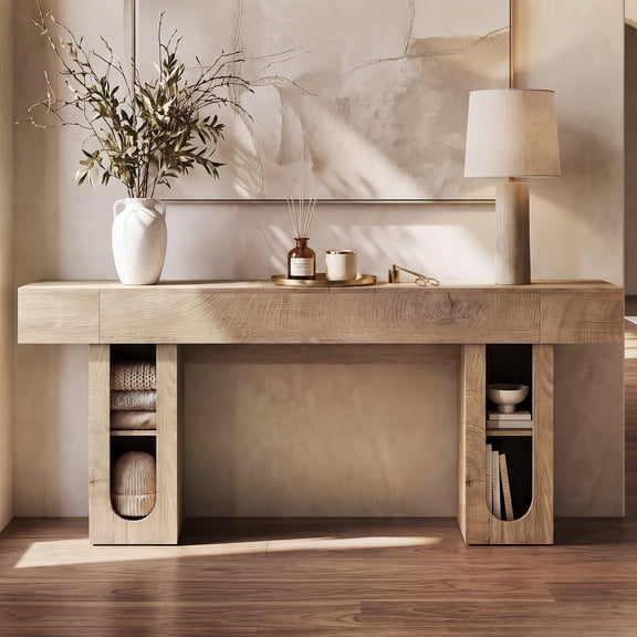 OMCHOM 79'' Console Table with Power Outlet, Wood Entryway Table, Modern Sofa Table Narrow Behind Couch Storage Adjustable Shelves 5.9" Thick Top, Anti-Tip, for Living Room, Hallway, Foyer (Beige)