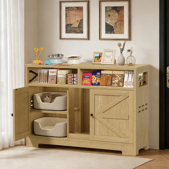 OMCHOM Double Cat Litter Box Enclosure, 47" Wooden Hidden Cat Washroom Furniture for 2 Cats, Waterproof Easy-Clean Multi-Functional Storage Cabinet for Living Room
