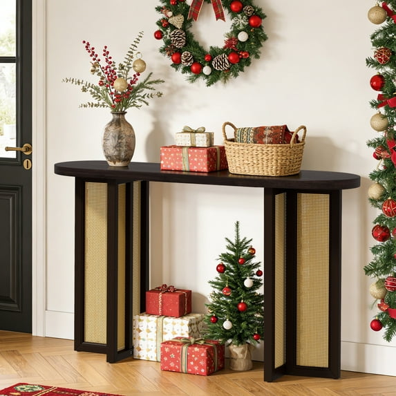 OMCHOM Farmhouse Console Table,Rattan Narrow Table for Entryway Hallway and Living Room,Espresso