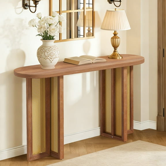 OMCHOM Farmhouse Console Table,Rattan Narrow Table for Entryway Hallway and Living Room,Natural