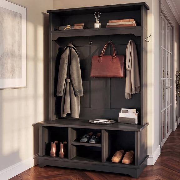 OMCHOM Hall Tree with Bench and Shoe Storage, 71" Farmhouse 4-in-1 Mudroom Storage Organizer with Coat Rack, 4 Shoe Cubbies, Storage Shelf for Entryway, Hallway, Living Room(Black)