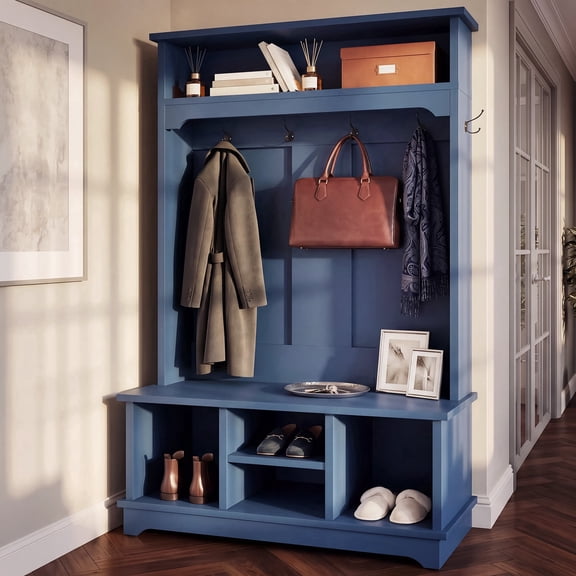 OMCHOM Hall Tree with Bench and Shoe Storage, 71" Farmhouse 4-in-1 Mudroom Storage Organizer with Coat Rack, 4 Shoe Cubbies, Storage Shelf for Entryway, Hallway, Living Room(Blue)