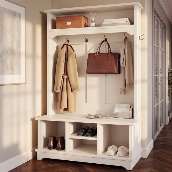 OMCHOM Hall Tree with Bench and Shoe Storage, Entryway Hall Tree, Large Mudroom Bench with Coat and Shoe Rack, Multi Shoe Cubbies & Top Shelf, Sturdy Storage Bench, White