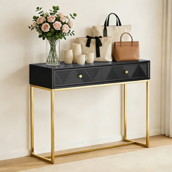 OMCHOM Modern Console Table with 2 Drawers - Sleek Narrow Entryway Table, Wood Sofa Table with Storage & Stripe Design for Living Room & Hallway, Black