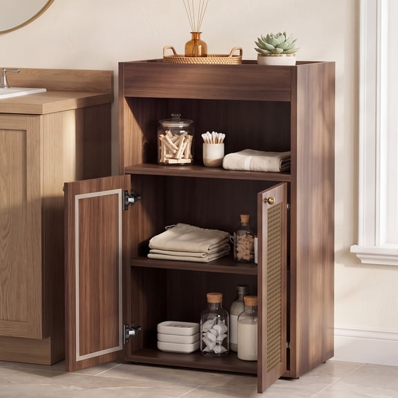 OMCPET Bathroom Floor Storage Cabinet with 2 Rattan Doors, Freestanding with Adjustable Shelf & Open Storage for Living Room, Hallway