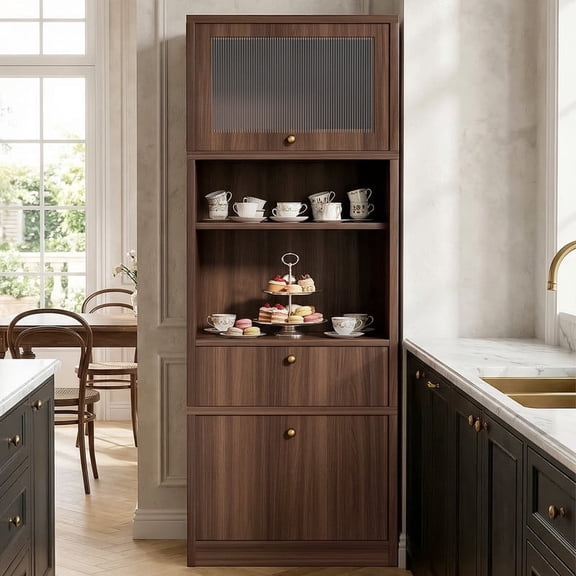 OMCPET 23.6 × 15.8 × 70.9 Inch Kitchen Storage Cabinet Pull Out Drawers Hidden Storage Expandable Wall Mount Freestanding Storage Unit with Heavy Duty Thick Panels Walnut