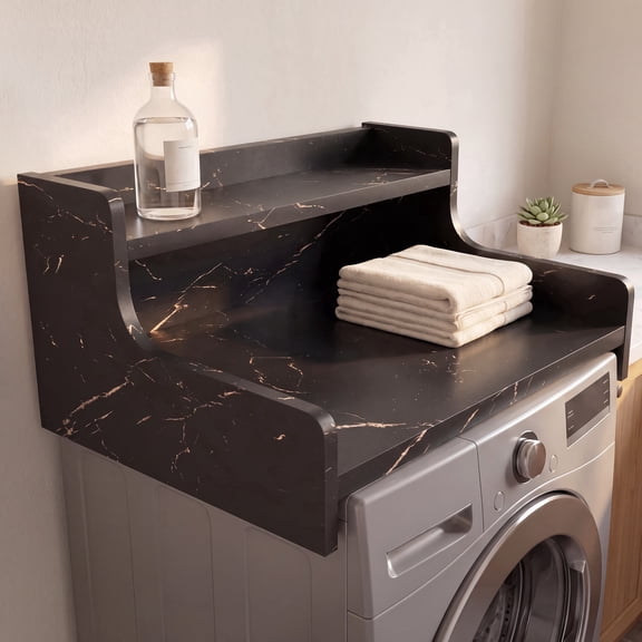 OMCPET 2-Tier Washer Dryer Countertop 25.2"Wx27.6"Dx15.7"H, Wooden Laundry Topper with 2.95" Guard Rails & Anti-Slip Pads,Laundry Room Storage Organizer Black