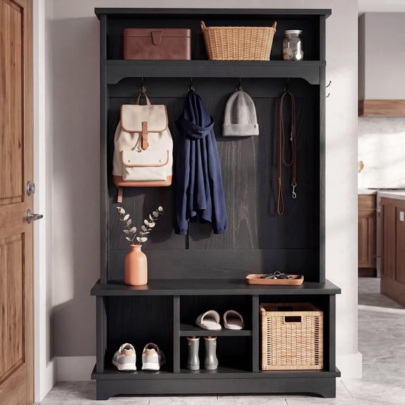 OMCPET 3 In 1 Entryway Storage Unit Combines a Shoe Cabinet Coat Rack and Bench Into One a Storage Solution That’s Both Practical and Stylish Black
