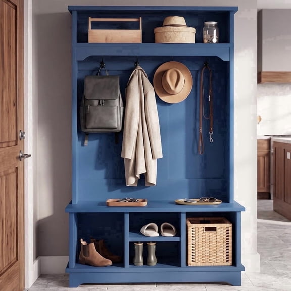 OMCPET 3 In 1 Entryway Storage Unit Combines a Shoe Cabinet Coat Rack and Bench Into One a Storage Solution That’s Both Practical and Stylish Blue