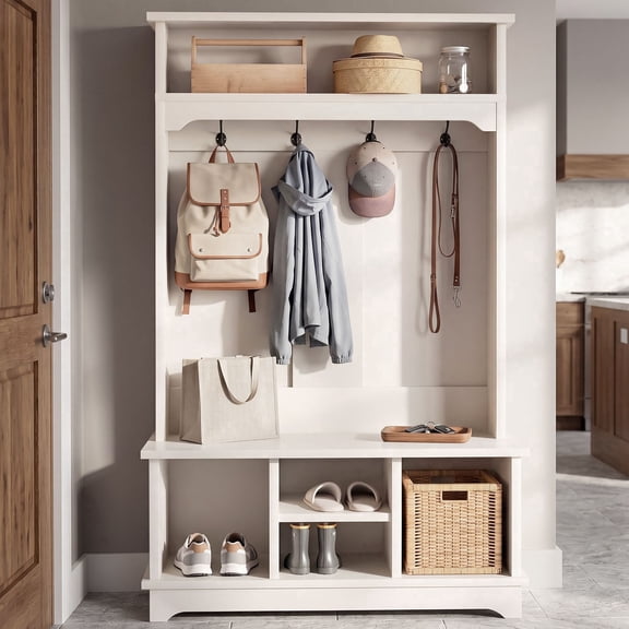 OMCPET 3 In 1 Entryway Storage Unit Combines a Shoe Cabinet Coat Rack and Bench Into One a Storage Solution That’s Both Practical and Stylish White