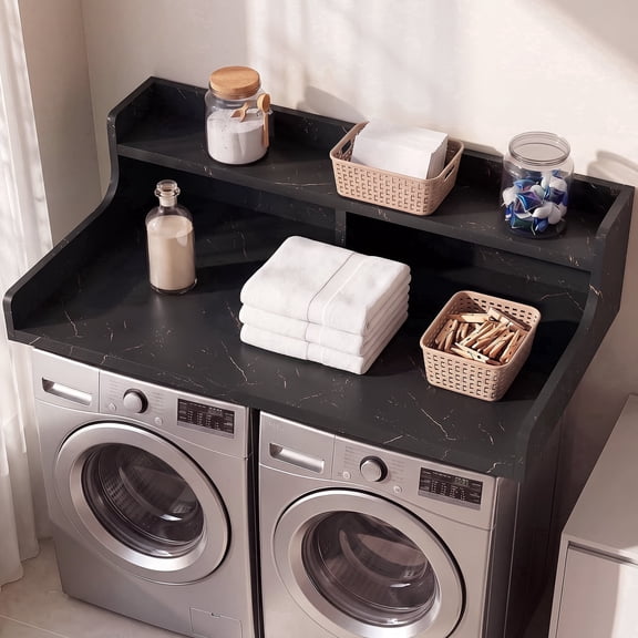 OMCMUU 54" Wide Washer Dryer Countertop with Dual Storage Shelves, 27.6" Deep High-Density Laundry Organizer for Front Load Units, Waterproof Folding Table (Black Slate)