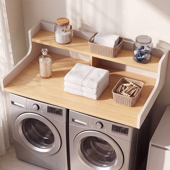 OMCMUU 54" Wide Washer Dryer Countertop with Dual Storage Shelves, 27.6" Deep High-Density Laundry Organizer for Front Load Units, Waterproof Folding Table (White Natural)