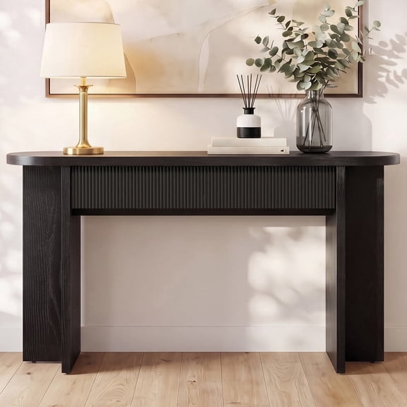 OMCMUU 55 Inch Fluted Console Table with Drawers, OMCMUU Entryway Table Storage Cabinet for Living Room Sofa Table Behind Couch, Black Wood 1.4m Narrow Hallway Furniture