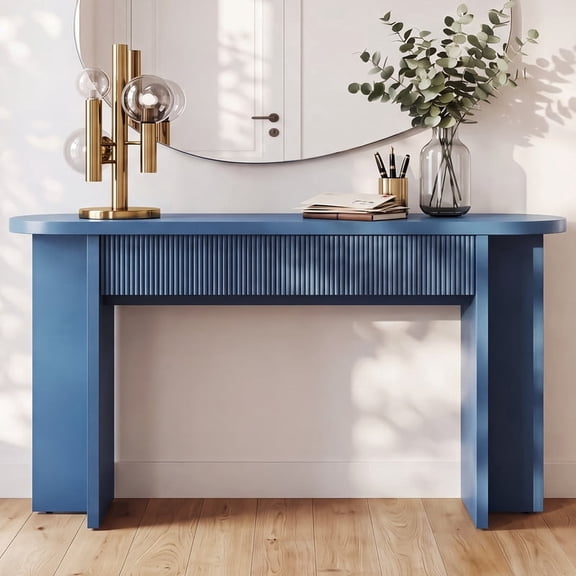 OMCMUU 55 Inch Fluted Console Table with Storage Drawers, OMCMUU Entryway Table Sofa Table for Living Room Bedroom Furniture, Blue Linen 1.4m Narrow Hallway Table