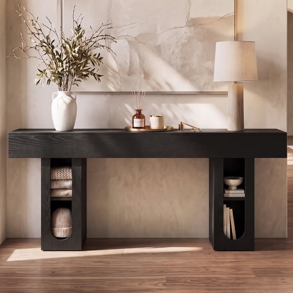 OMCMUU 62.9" Modern Console Table with Charging Station, 13.8" Deep Entryway Table with 2 Adjustable Shelves, High-Density Wood Hallway Table (Black)