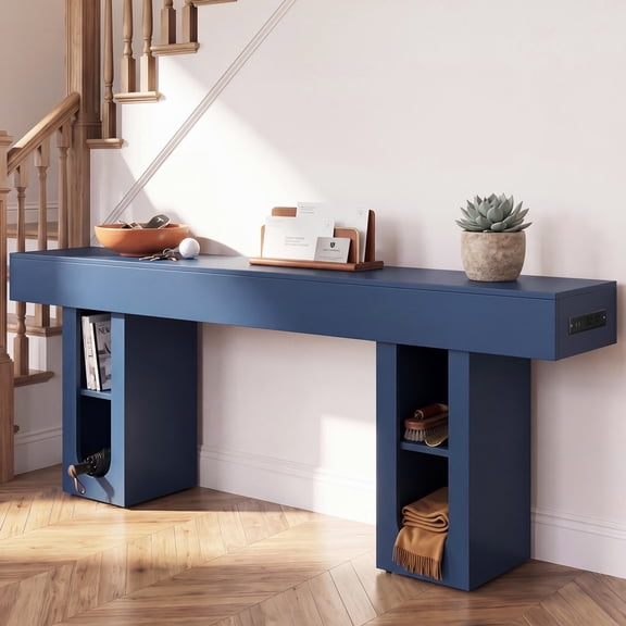 OMCMUU 63 Inch Console Table, OMCMUU 2-Tier Entryway Table Sofa Table Storage Cabinet for Living Room Bedroom Furniture, Blue Linen 1.6m