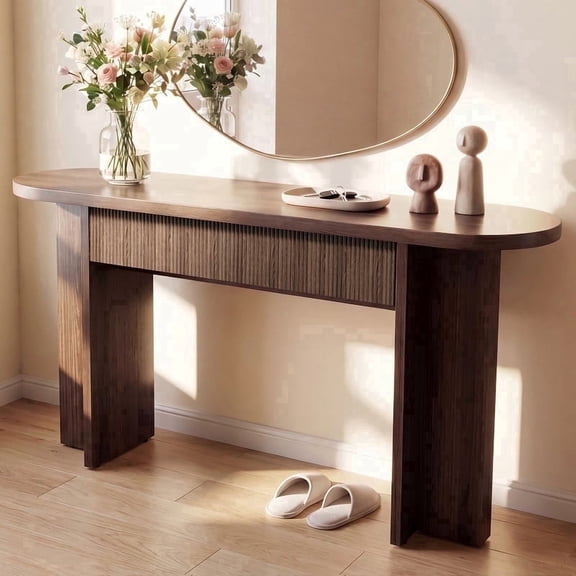 63 Inch Fluted Console Table with Drawers, Entryway Table with Storage, Modern Rounded Hallway Tables for Narrow Spaces