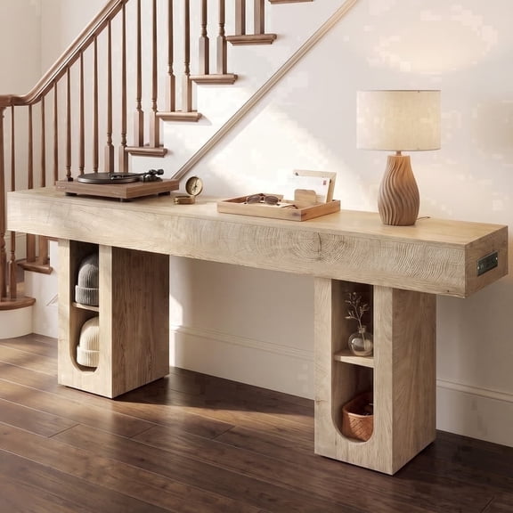 OMCPET 63 Inch Modern Console Table with Power Outlet, Engineered Wood Sofa Table, Stain Resistant Entryway Hallway Accent Table, Natural Wood/Black/Blue