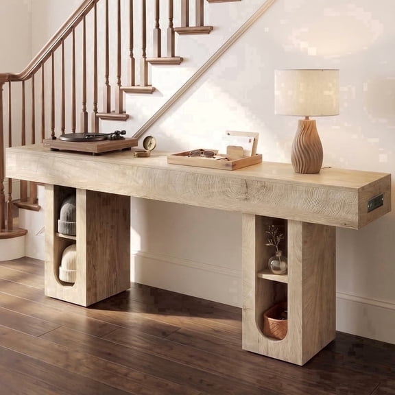 OMCPET 63" Fluted Entryway Console Table, Modern Rectangular Solid Wood Sofa Table Behind Sofa, Hallway Living Room Entryway Hall Tree Bench