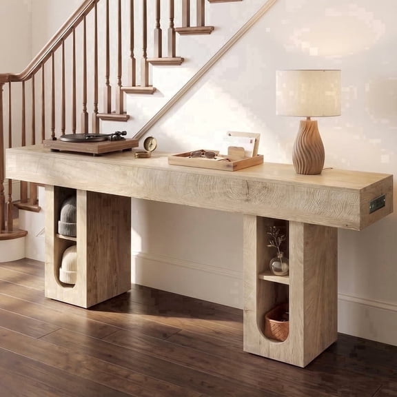 OMCPET 63 Inch Modern Console Table with Power Outlet, Engineered Wood Sofa Table, Stain Resistant Entryway Hallway Accent Table, Natural Wood/Black/Blue