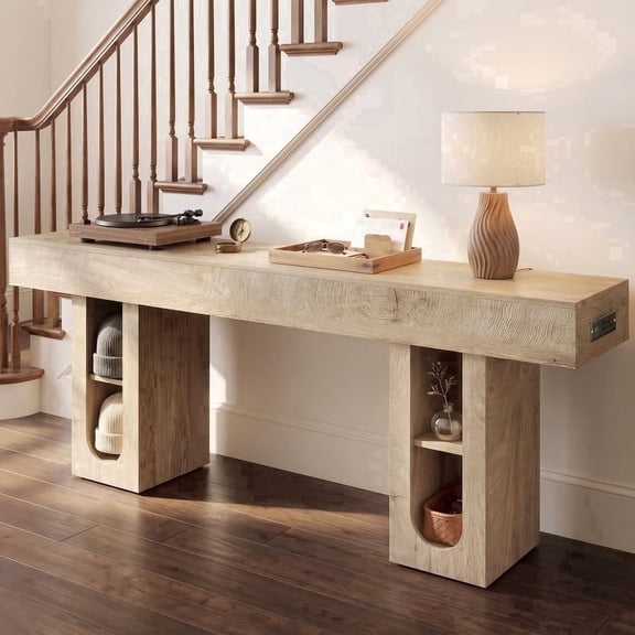 OMCPET 63 Inch Modern Console Table with Power Outlet, Engineered Wood Sofa Table, Stain Resistant Entryway Hallway Accent Table, Natural Wood/Black/Blue