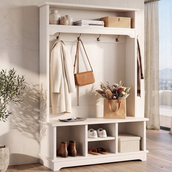 OMCMUU 66.9" Hall Tree with Shoe Storage, Freestanding Coat Rack with 5 Hooks and 4 Cubbies, Entryway Bench for Bedroom Living Room (White)