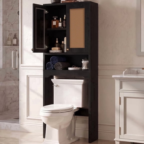 OMCPET Over the Toilet Storage Cabinet, Bathroom Shelf Organizer with Adjustable Shelf & Anti-Tip Device, 2 Doors Space Saver Design,Black