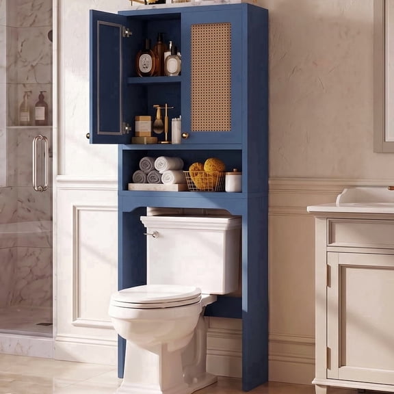 OMCPET Over the Toilet Storage Cabinet, Bathroom Shelf Organizer with Adjustable Shelf & Anti-Tip Device, 2 Doors Space Saver Design,Blue