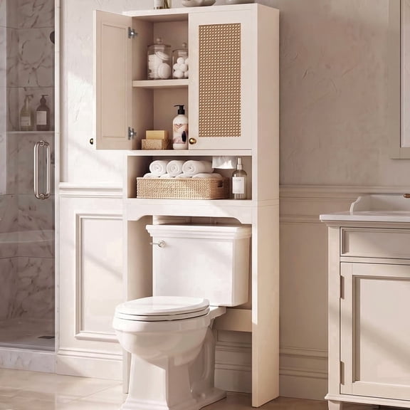 OMCPET Over the Toilet Storage Cabinet, Bathroom Shelf Organizer with Adjustable Shelf & Anti-Tip Device,  2 Doors Space Saver Design,White