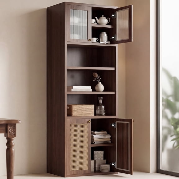 OMCMUU Floor Standing Tall Bathroom Storage Cabinet with Acrylic Door, 2 Adjustable Shelves, Scratch-Resistant, Walnut Brown Finish