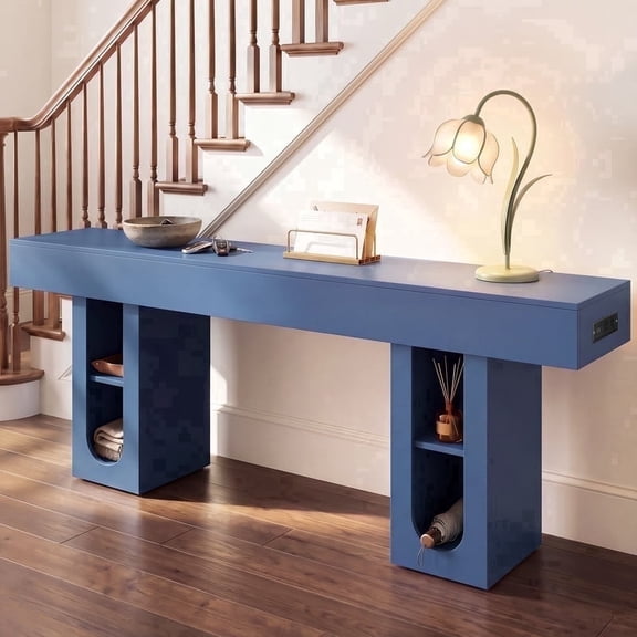 OMCPET 71 Inch Modern Console Table with Power Outlet, Engineered Wood Sofa Table, Stain Resistant Entryway Hallway Accent Table, Warm Gray Finish/Black/Blue