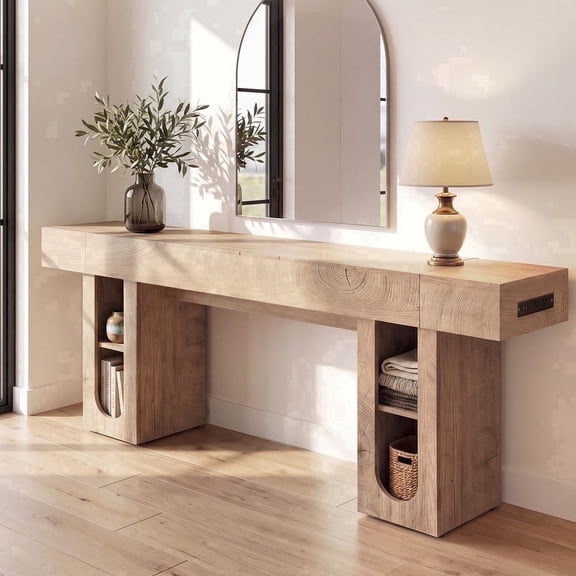 OMCPET 79 Inch Modern Console Table with Power Outlet, Engineered Wood Sofa Table, Stain Resistant Entryway Hallway Accent Table, Natural Wood/Black