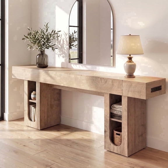 OMCPET 79" Fluted Entryway Console Table, Modern Rectangular Solid Wood Sofa Table Behind Sofa, Hallway Living Room Entryway Hall Tree Bench