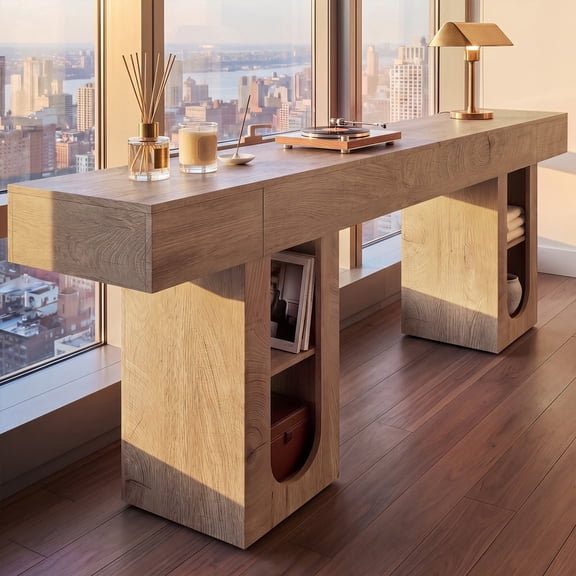 OMCMUU Console Table 79 Inch, OMCMUU Farmhouse Sofa Table Entryway Table Storage Cabinet for Living Room Bedroom Furniture Console Table TV Stand, Natural Wood 2m