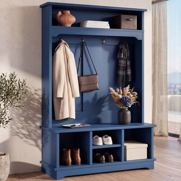 OMCMUU Hall Tree Coat Rack Storage Bench 100×41×170cm Entryway Furniture with Shoe Storage Shelves Hooks Modern Heavy Duty Entry Organizer Blue