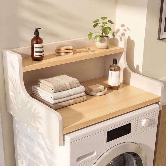 OMCMUU Single-Tier Washer Dryer Countertop, Space-Saving Laundry Room Storage for Folding Clothes and Essentials, White