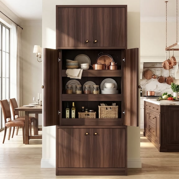 OMCPET Tall Kitchen Pantry Cabinet 71 Inch Extra Deep Freestanding Storage Cabinet With Wicker Doors a Tip Resistant Freestanding Storage Solution For The Home And Kitchen Walnut