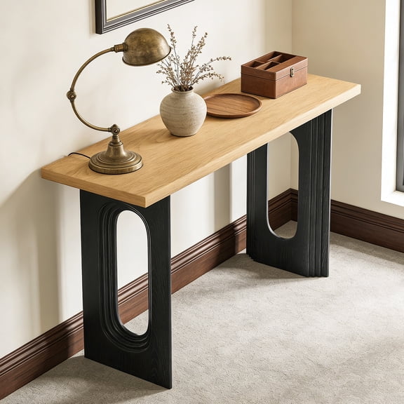 OMCPET 59" Rattan Console Table, Narrow Sofa Table with Rectangular Hollow Legs, Solid Wood Veneer Entryway Table for Living Room, Dark Wood Finish