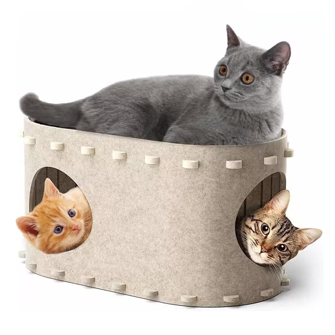 OMCPET Peekaboo Cat Houses for Indoor Pets - Scratch Resistant Felt Kitten Hideaway Bed, Large Cat Bed Cave for 22 LB Cat, 2-in-1 Cat Scratcher House, Foldable Cat Feline Tunnel, 22.8 inches