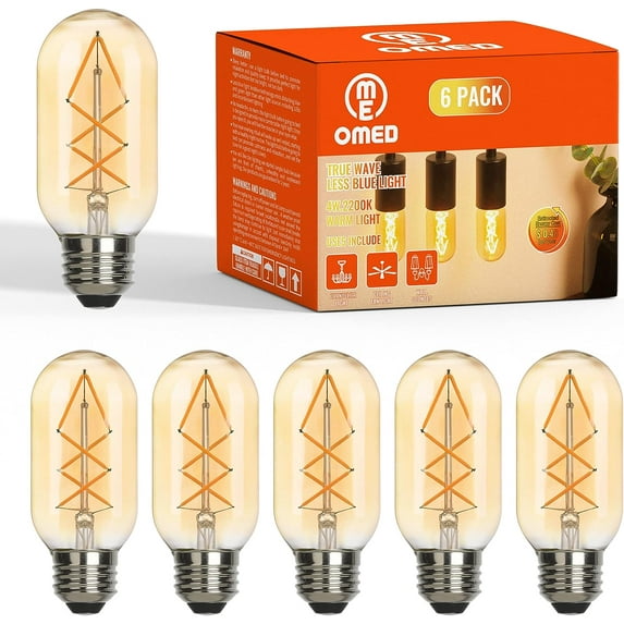 OMED 4W Dimmable Vintage LED Edison Light Bulbs 40 Watt Equal, T45/T14 E26 Antique Fishbone Filament Tubular Edison Bulbs, 400LM 2200K Warm White Spiral Retro Tube Edison Bulbs, Amber Glass, 6 Pack