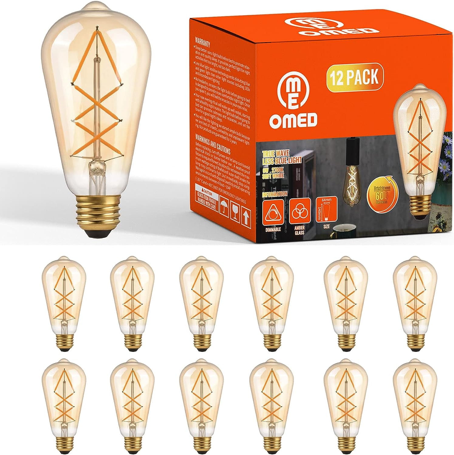 OMED Dimmable LED Vintage Edison Bulbs, ST64 2700K Soft White Fishbone Filament Antique Edison Bulbs Whit E26 Base 60 Watt Equivalent, 6W 600LM Old Fashioned Amber Glass Spiral Light Bulbs 12 Pack