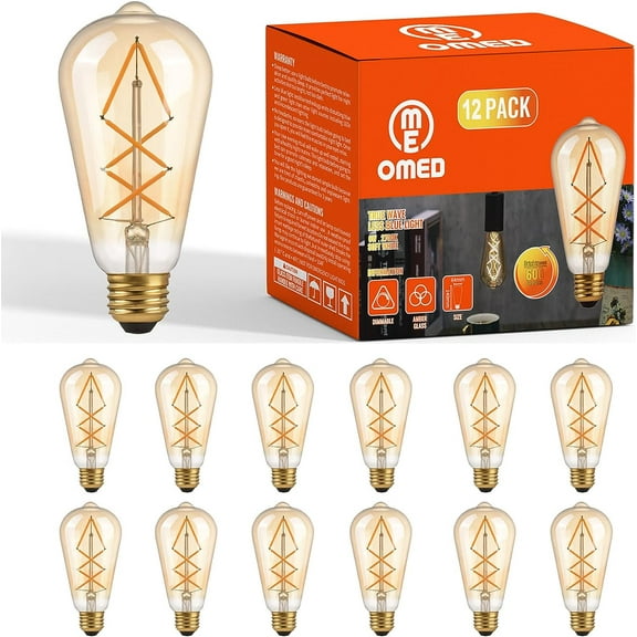 OMED Dimmable LED Vintage Edison Bulbs, ST64 2700K Soft White Fishbone Filament Antique Edison Bulbs Whit E26 Base 60 Watt Equivalent, 6W 600LM Old Fashioned Amber Glass Spiral Light Bulbs 12 Pack