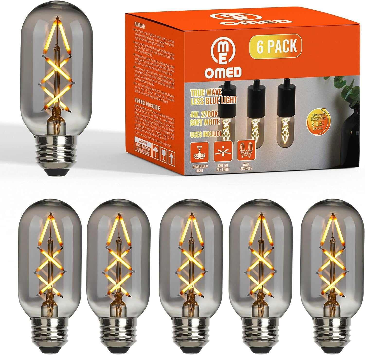 OMED Fishbone LED Filament Dimmable Vintage Edison Light Bulbs, T45/T14 E26 4W Antique Tubular Edison Bulbs 40 Watt Equal, 200LM 2700K SOFE White Spiral Retro Tube Bulbs, Smoke Grey Glass, 6 Pack