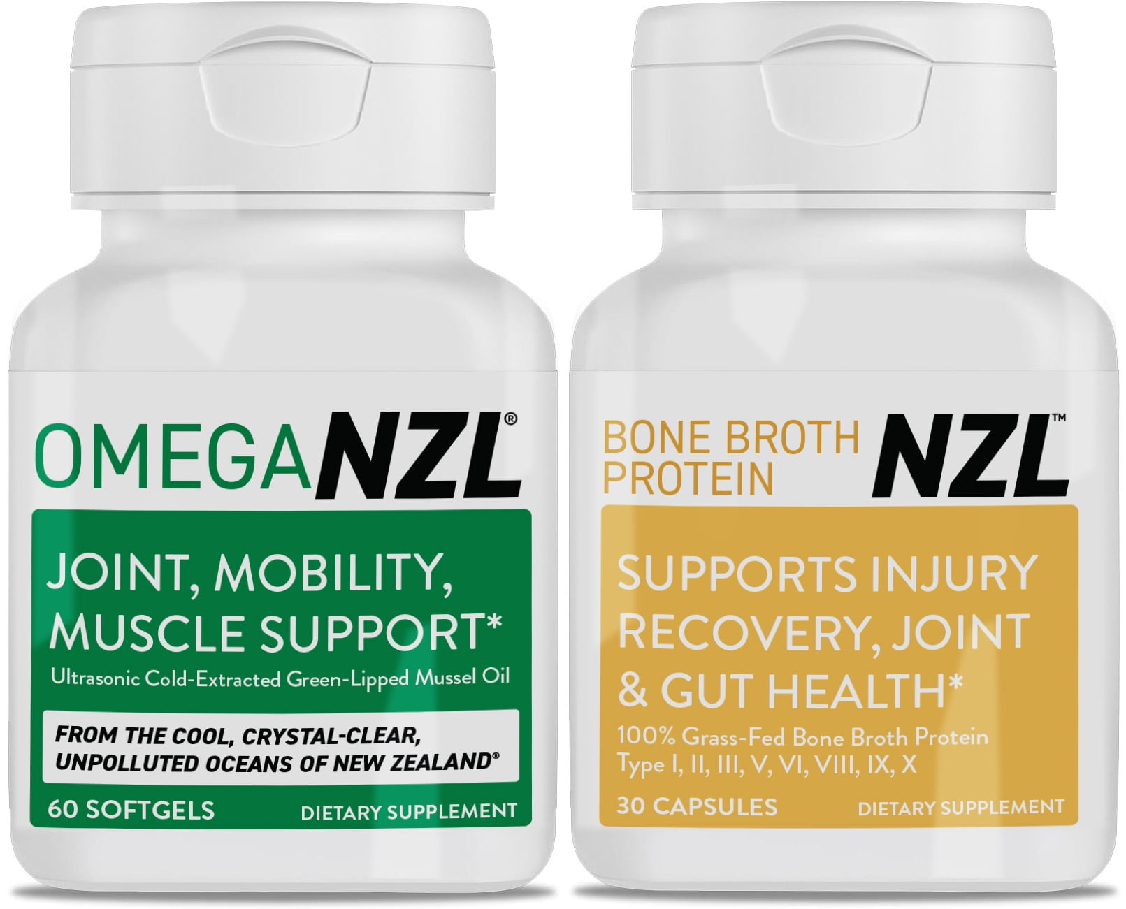 OMEGANZL Omega-3 Natural Joint Relief Supplement Natural Muscle Support, Green-Lipped Mussel Oil Joint Support, No Fishy Aftertaste, 60 Softgels Plus one Bottle of Bone Broth Protein 30 Capsules