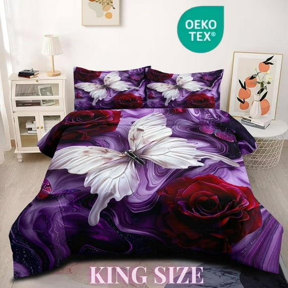 JOLOSERE Butterfly Roses Comforter King Set, 3-Piece Romantic Rose Butterfly Purple Bedding Comforter Set for Adults All Season