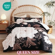 JOLOSERE Chic Black White Floral Comforter Queen Set, 3-Piece Botanical Floral Butterfly Bedding Comforter Set for Adults All Season