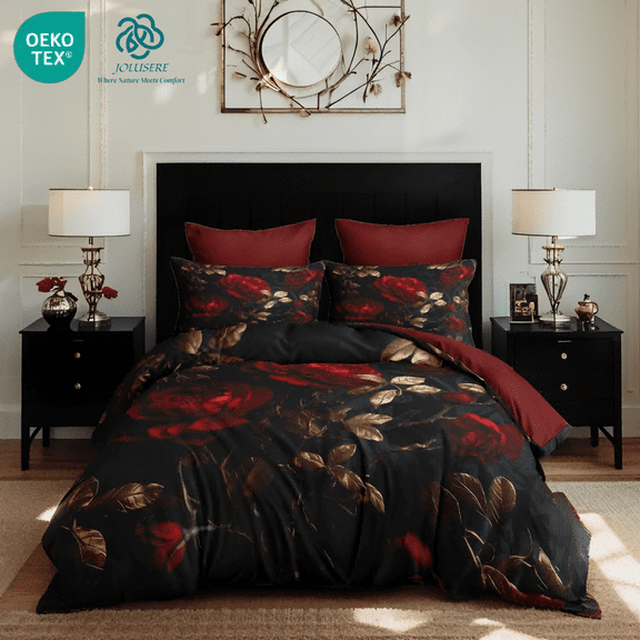 JOLOSERE Luxurious Rose Floral Comforter King Set, 3-Piece Vintage Soft Red Rose Bedding Comforter Set for Adults All Season
