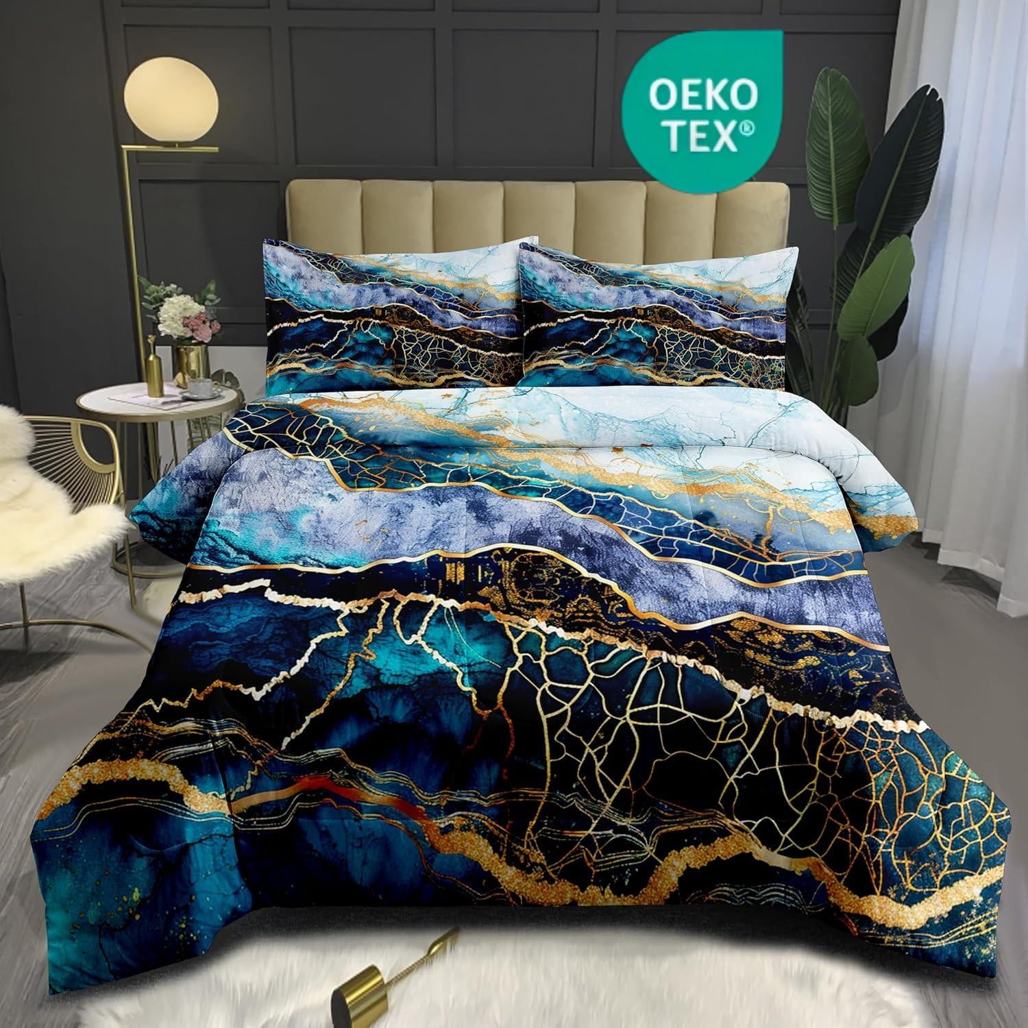 OMELA Marble Full Comforter Set, 3 Pcs Modern Abstract Watercolor Decor Comforter Set, Chic Gold Glitter Marble Bedding Set for Adult All Season