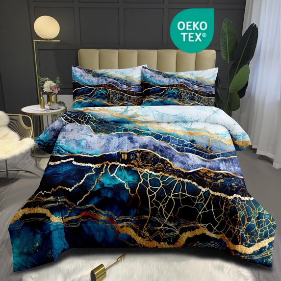 OMELA Marble Full Comforter Set, 3 Pcs Modern Abstract Watercolor Decor Comforter Set, Chic Gold Glitter Marble Bedding Set for Adult All Season