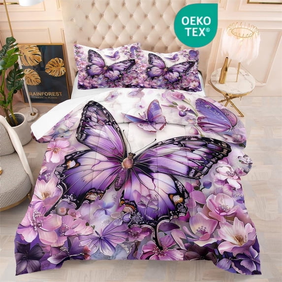 OMELA Purple Butterfly Comforter Set Full Size,3 Pcs Chic Floral Purple Butterfly Thick Comforter Set for Girls Women Adults All Season